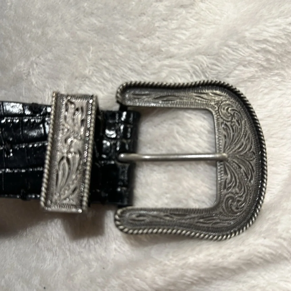 Beautiful Lauren Ralph Lauren Black Leather Belt, Western Motif Silver Buckle 1X